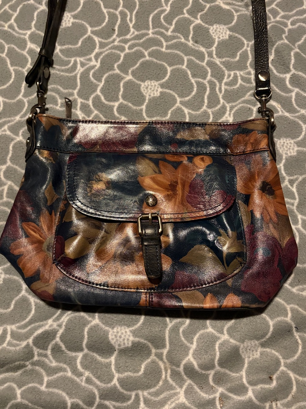 Patricia Nash Floral Leather Crossbody in Navy, Brown & Burgundy